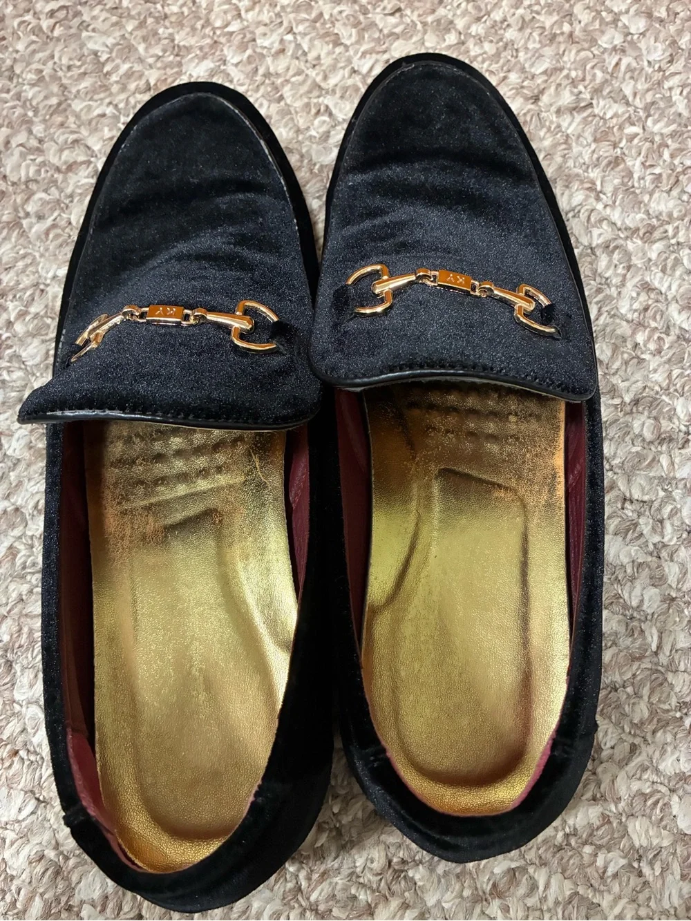 LCQL Black Velvet Loafers with Gold Bit Hardware size 10